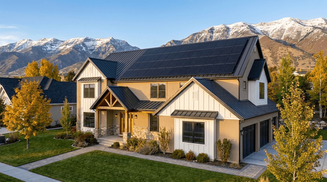 New construction luxury home in Utah's Wasatch Front with a full rooftop solar array and snow-capped mountains in the background